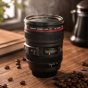 Puede incluir: Una taza negra con forma de objetivo de cámara con un anillo rojo en la parte superior. El exterior presenta el texto blanco CANIAM ZOOM LENS EF 24-105mm 1:4, junto con interruptores de enfoque y una escala de distancia. Vapor sale del líquido.