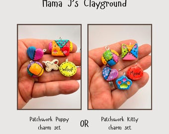 Hand-Painted Clay Patchwork Puppy or Kitty Charm Set, UV Resin Sealed (3/4"-1")