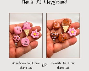Hand-Painted Clay Ice Cream Bag Charms, Strawberry or Chocolate Set (UV Resin Sealed)