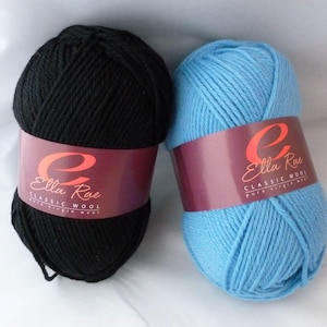 May include: Two skeins of Ella Rae Classic Wool yarn. One skein is black and the other is light blue.