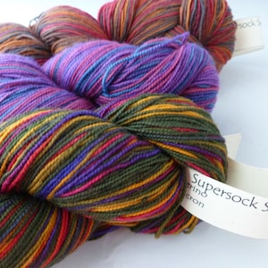 May include: Multicolored yarn skeins in shades of purple, green, orange, and red. The yarn is labeled "Supersock Select" and "fingering" on a white tag.