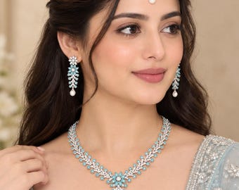Bruidsketting met turquoise bloemen en Kundan-design, bijpassende oorbellen en Maang Tikka, cadeau voor haar
