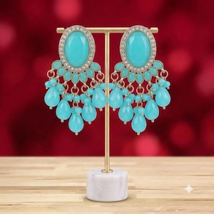 Mint Green Statement Earrings, Gold Tone Chandelier Earrings, Crystal Rhinestone Earrings, Boho Party Earrings, Wedding Earrings,