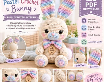 Pastel Crochet Bunny Pattern PDF, Amigurumi Toy, Baby Gift (Digital Download)
