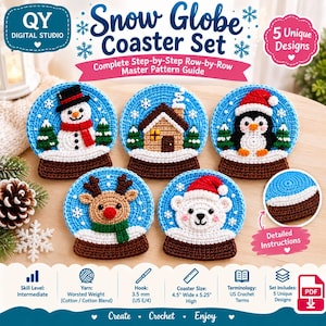 Puede incluir: Una guía de patrón digital para un set de posavasos de bola de nieve con cinco diseños de ganchillo: muñeco de nieve, cabaña, pingüino, reno y oso polar. La guía incluye instrucciones para un posavasos de 11,4 cm por 13,3 cm con hilo estambre.