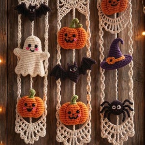 May include: A Halloween wall hanging crochet pattern featuring three vertical cream-colored macrame-style panels suspended from a wooden rod. The panels display crocheted figures including orange pumpkins, black bats, a white ghost, a purple witch hat, and a black spider.