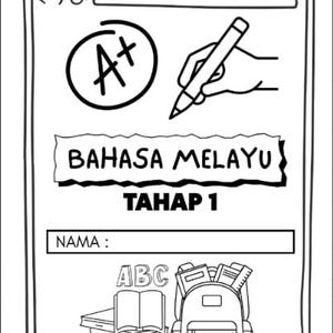 Könnte beinhalten: Ein schwarz-weißes Arbeitsblatt im Design eines Browserfensters. Es zeigt eine A+ Note, eine Hand mit einem Stift, den Text BAHASA MELAYU TAHAP 1, ein Namensfeld sowie Illustrationen von Büchern, einem Rucksack und den Buchstaben ABC.