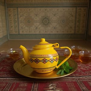 Peut inclure: Une théière jaune vif avec un corps arrondi et un couvercle assorti, ornée d'une bande décorative de motifs géométriques en losange rouges, verts et noirs. La théière possède une anse courbée et un bec verseur, posée sur un plateau rond doré.