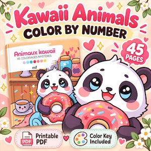 Zwierzęta Kawaii Kolorowanka po Numerach, 45 Kolorowanek Niespodzianek, PDF do Druku