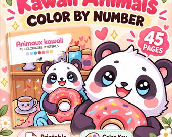 Kawaii Animal Color by Number Book, 45 Mystery Printable Coloring Pages PDF