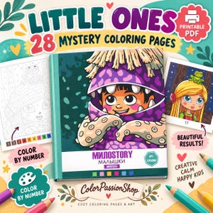 Peut inclure: Un livre de coloriage numérique intitulé LITTLE ONES contenant 28 pages de coloriage mystère. La couverture montre un personnage en costume de monstre violet avec des tentacules. Inclut des guides par numéros et des exemples de pages.
