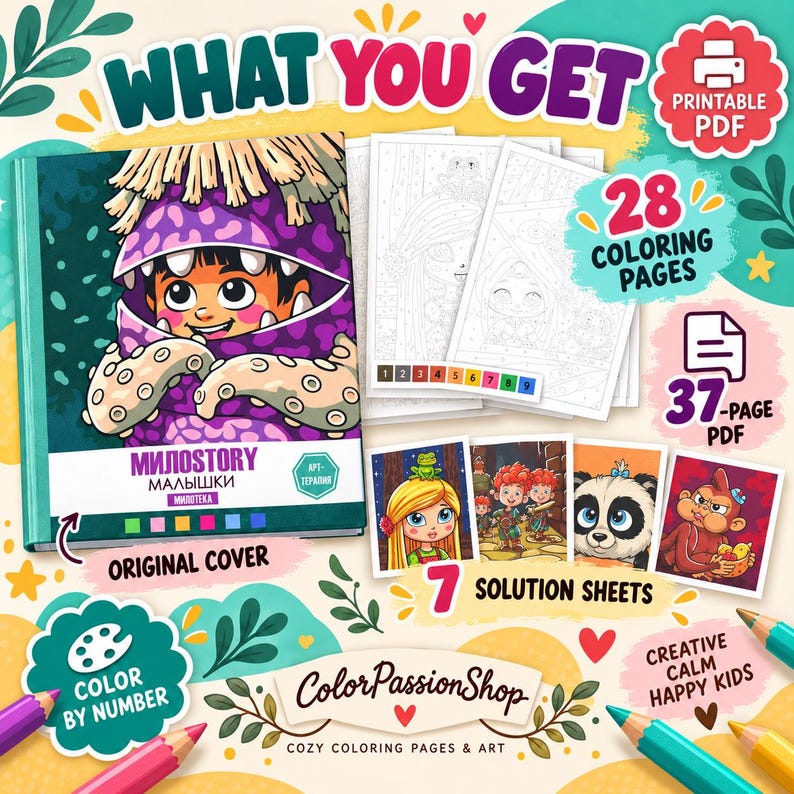Cartoon Color by Number Book, 28 Mystery Coloring Pages, Printable PDF ...