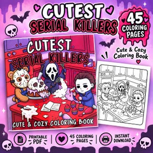 Puede incluir: Un libro para colorear titulado Cutest Serial Killers que presenta una ilustración colorida de tres personajes horneando en una cocina con un pastel de calavera, cupcakes y tarjetas de recetas, junto a una página de arte lineal.