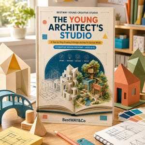 Può includere: Un libro con copertina rigida intitolato The Young Architect's Studio di Bestway Young Creative Studio. La copertina presenta un'illustrazione centrale di un modello architettonico in miniatura che emerge da un libro aperto, circondato da forme geometriche.