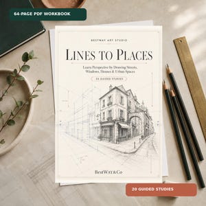 Könnte beinhalten: Ein 64-seitiges PDF-Arbeitsbuch mit dem Titel Lines to Places von BestWay Art Studio. Das Cover zeigt eine detaillierte architektonische Perspektivzeichnung einer Straßenecke mit Gebäuden, Fenstern und städtischen Räumen, einschließlich 20 geführter Studien.