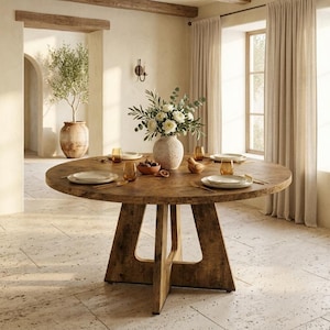 Op de afbeelding: Een ronde houten eettafel met een getextureerde bruine afwerking en een geometrische voet. De tafel is gedekt met witte borden, amberkleurige glazen en een centrale keramische vaas gevuld met witte bloemen en groene eucalyptus.