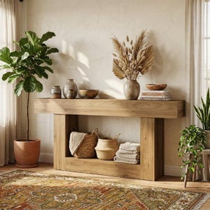 Può includere: Una console in legno marrone chiaro con un piano rettangolare spesso e due gambe robuste. Il tavolo presenta un ripiano inferiore che ospita due cesti intrecciati e tessuti piegati. La superficie superiore espone vasi in ceramica, ciotole e piante essiccate.