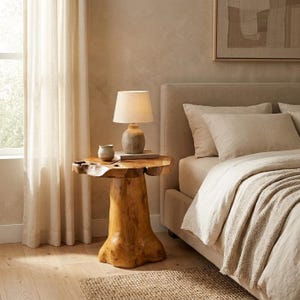 Peut inclure: Une table d'appoint en bois naturel avec un plateau épais aux formes organiques et une base robuste en forme de souche. Une petite tasse en céramique ronde de couleur claire et une lampe avec un abat-jour tambour en tissu beige.