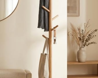 Wooden Coat Rack Stand with 8 Hooks, Solid Rubberwood Hat & Bag Organizer, Freestanding Entryway Clothes Rack
