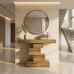 Peut inclure: Une console en bois avec une base composée de blocs empilés, surmontée d'un miroir rond au cadre fin. Sur le plateau de la table se trouvent un vase beige contenant des herbes séchées et une petite pile de livres aux tranches blanches.