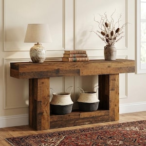 63-Inch Console Table, 2-Tier Entryway Table, U-Shape Wood Sofa Table, Narrow Hallway Table, Modern Farmhouse Home Decor