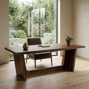 Peut inclure: Un bureau en bois brun foncé avec un plateau rectangulaire et des supports latéraux inclinés. Une chaise rembourrée brun foncé est placée au bureau. Un petit vase en céramique et un carnet fermé sont posés, avec une plante verte à droite.
