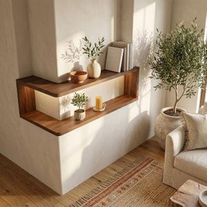 Op de afbeelding: Een hoekplank van donker hout met geïntegreerde verlichting, bestaande uit twee horizontale oppervlakken. Op de plank staan een kleine terracotta kom, een keramische vaas met olijftakken, een stapel boeken, een kleine plant en een gele kaars.