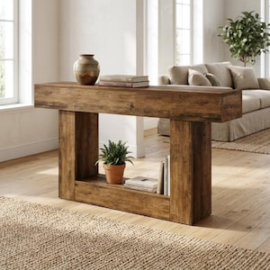 Può includere: Un tavolo console rettangolare in legno con finitura marrone rustica, caratterizzato da un piano spesso, due ampi supporti laterali verticali e un ripiano inferiore. Il tavolo ospita un vaso in ceramica, due libri impilati, una pianta e due libri.