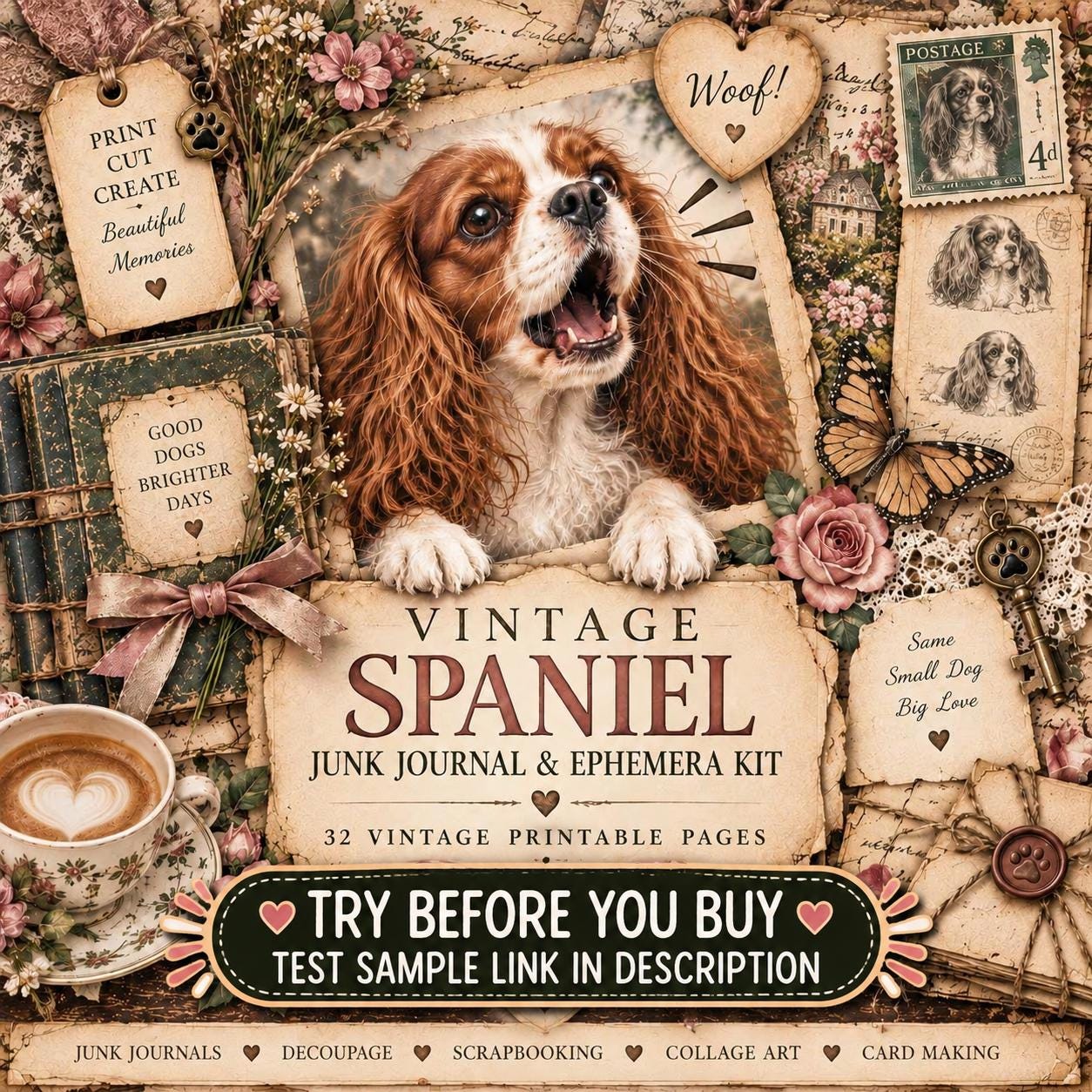 Vintage Spaniel Junk Journal Kit, 32-Page Ephemera Bundle (Digital Download)