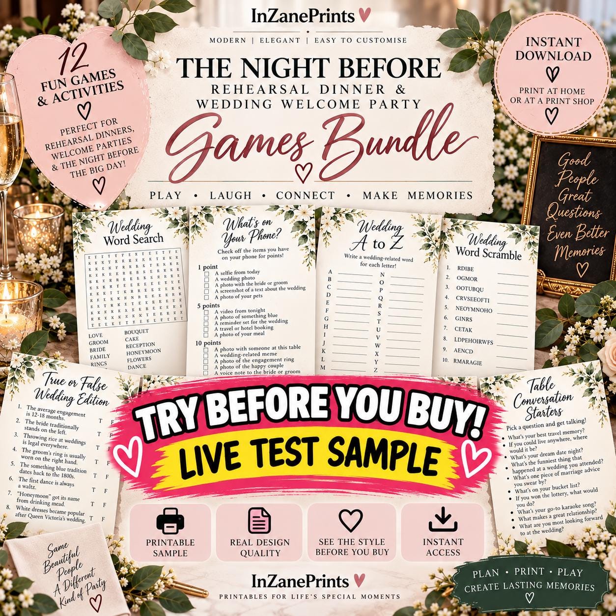 Rehearsal Dinner Games Bundle, Wedding Welcome Party Activities (Digital Download)