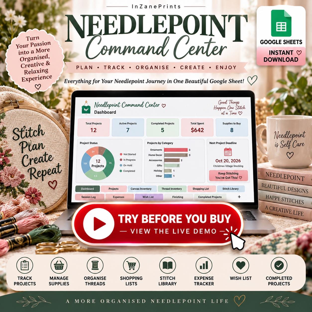 Needlepoint Project Tracker Excel Spreadsheet | Thread Stash, Expenses, Finishing (Digital Download)
