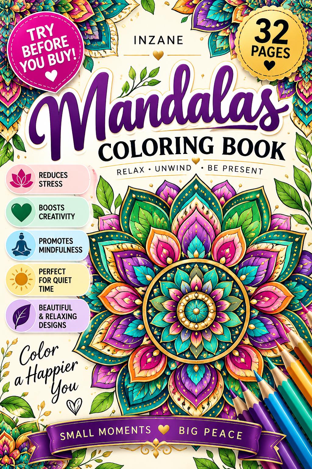 32-Page Mandala Coloring Book for Adults, Relaxing Printable PDF (Instant Download)