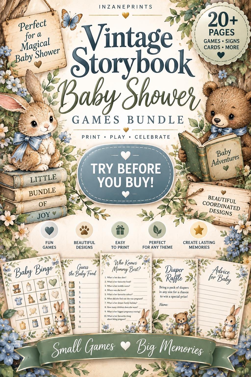 Dusty Blue Storybook Baby Shower Bundle, Games, Toppers (Digital Download)