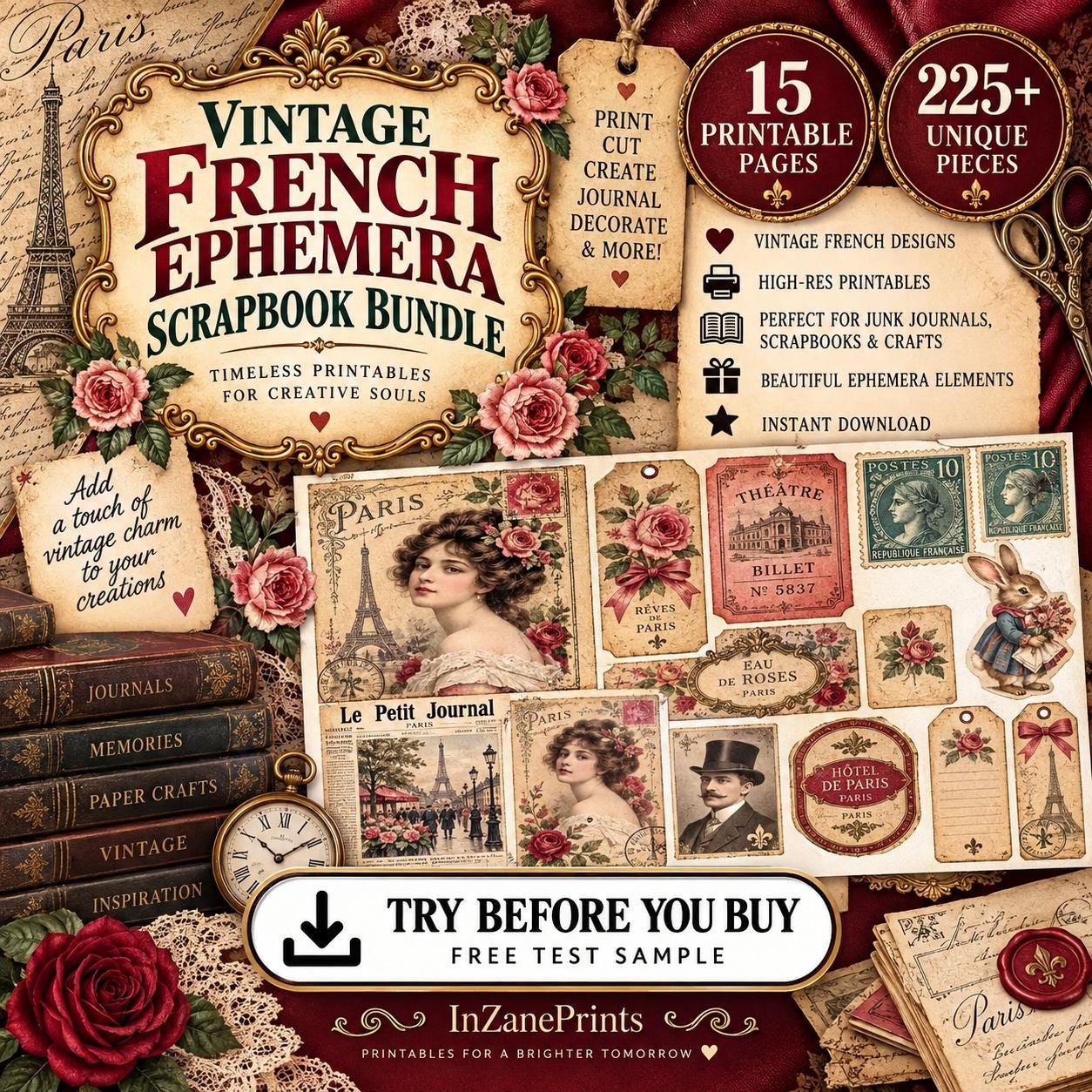 Vintage French Ephemera Bundle: 225+ Parisian Scrapbook Pieces (Digital Download)