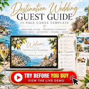 May include: A 15-page destination wedding guest guide Canva template featuring a laptop displaying a welcome page with Amalfi Coast imagery, lemons, and text. Includes itinerary, travel info, and dining pages with editable layouts and graphics.