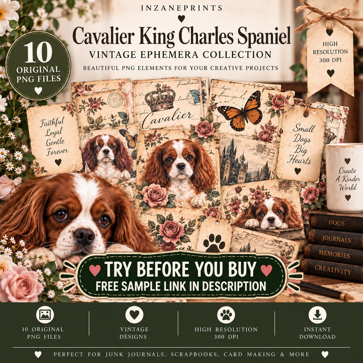 Cavalier King Charles Spaniel Vintage Ephemera Collection, Junk Journal Kit (Digital Download)