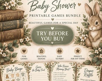 Vintage Storybook Baby Shower Games Bundle, Gender Neutral, Woodland Bunny (Digital Download)