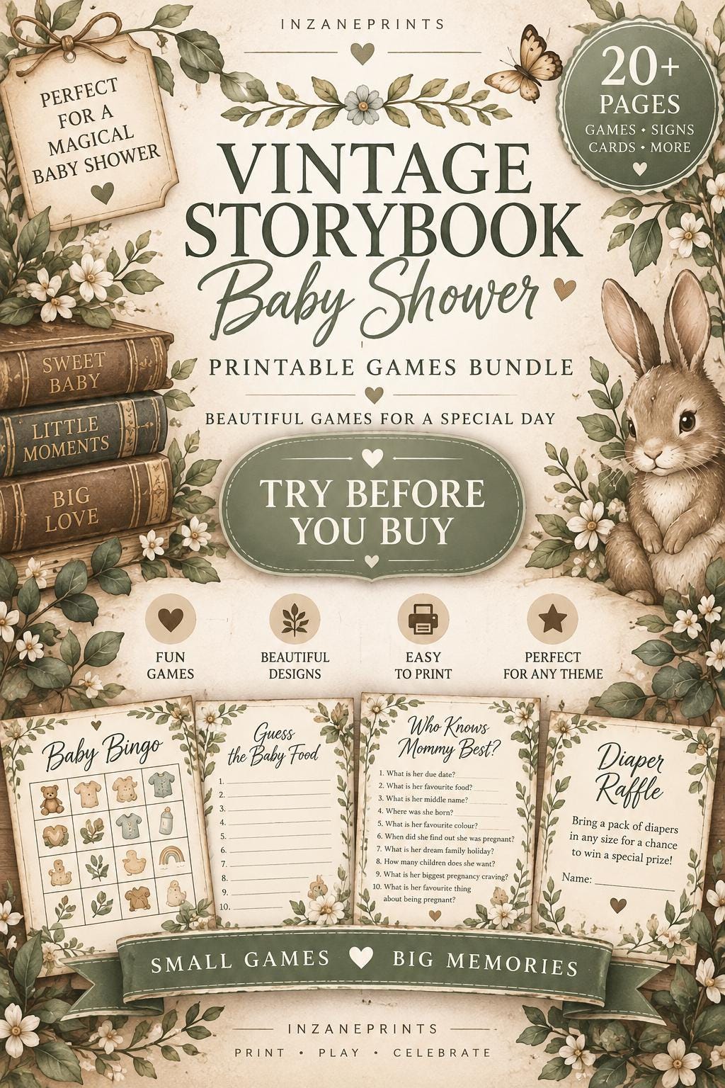 Vintage Storybook Baby Shower Games Bundle, Gender Neutral, Woodland Bunny (Digital Download)