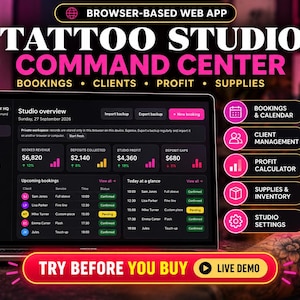 Pode incluir: Uma aplicação web baseada em navegador chamada Tattoo Studio Command Center para gerir reservas, clientes, lucros e fornecimentos. A interface apresenta um painel de controlo com dados de receitas, depósitos e lucros.