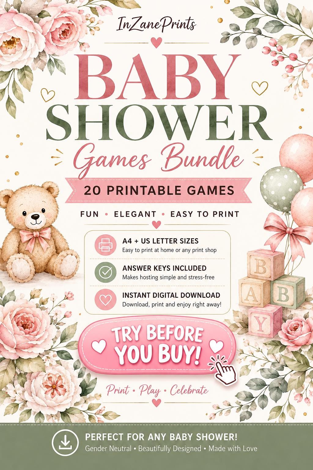20 Printable Baby Shower Games Bundle, Floral Design, Instant Download (A4 & US Letter)