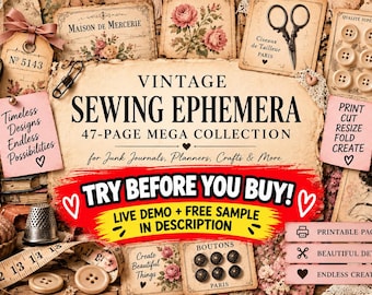 Vintage Sewing Ephemera Mega Bundle, 47-Page Interactive Junk Journal Kit (Digital Download)
