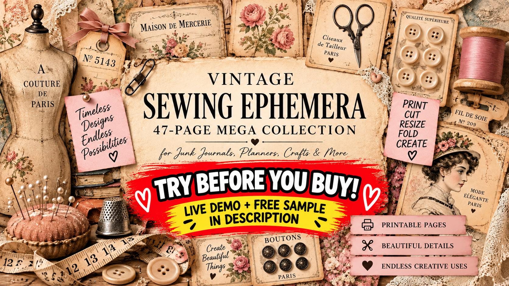 Vintage Sewing Ephemera Mega Bundle, 47-Page Interactive Junk Journal Kit (Digital Download)