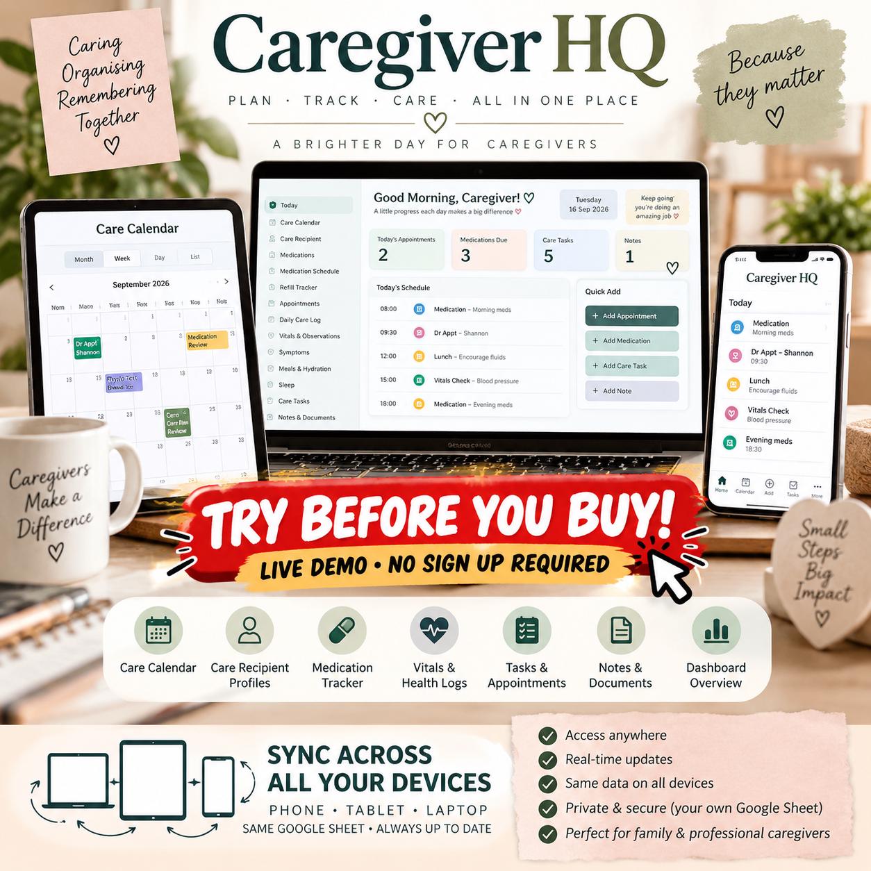 Caregiver Planner Web App, Elder Care Organizer, Medication Tracker, Appointment Log, Daily Care Log, Senior Care Planner