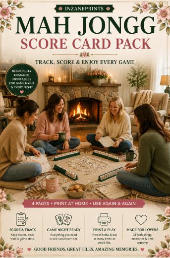 American Mah Jongg Score Card Pack, Floral Game Night Tracker (PDF Download)