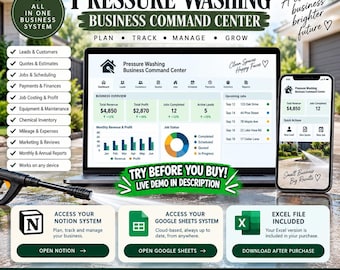 Pressure Washing Business Spreadsheet, Quote Invoice Template, Job Tracker, CRM, Profit Dashboard, Excel Google Sheets Notion