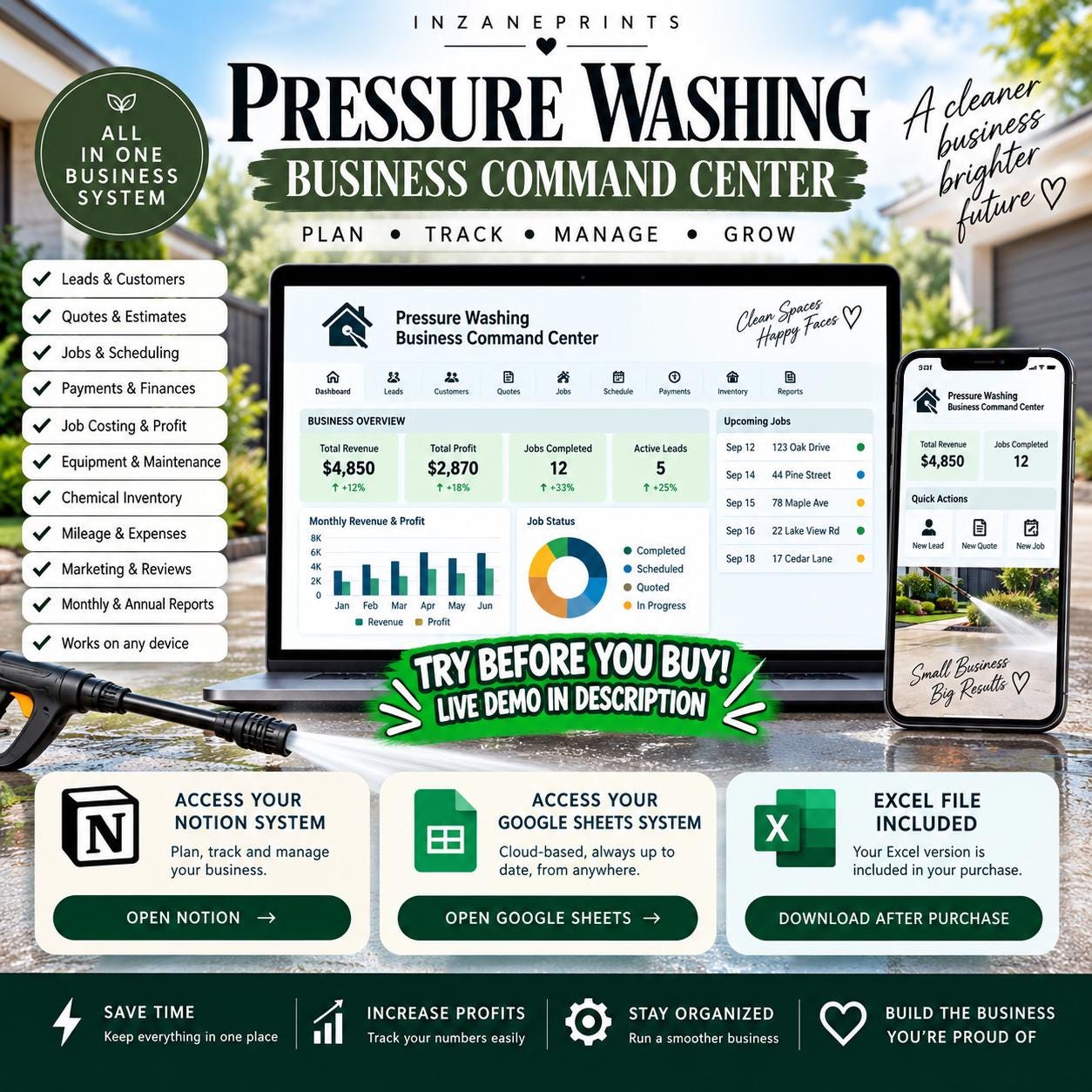 Pressure Washing Business Spreadsheet, Quote Invoice Template, Job Tracker, CRM, Profit Dashboard, Excel Google Sheets Notion