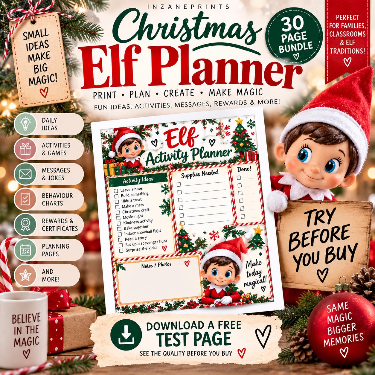 30-Day Elf Planner Bundle: Activities, Notes, Games, Recipes (Digital Download)