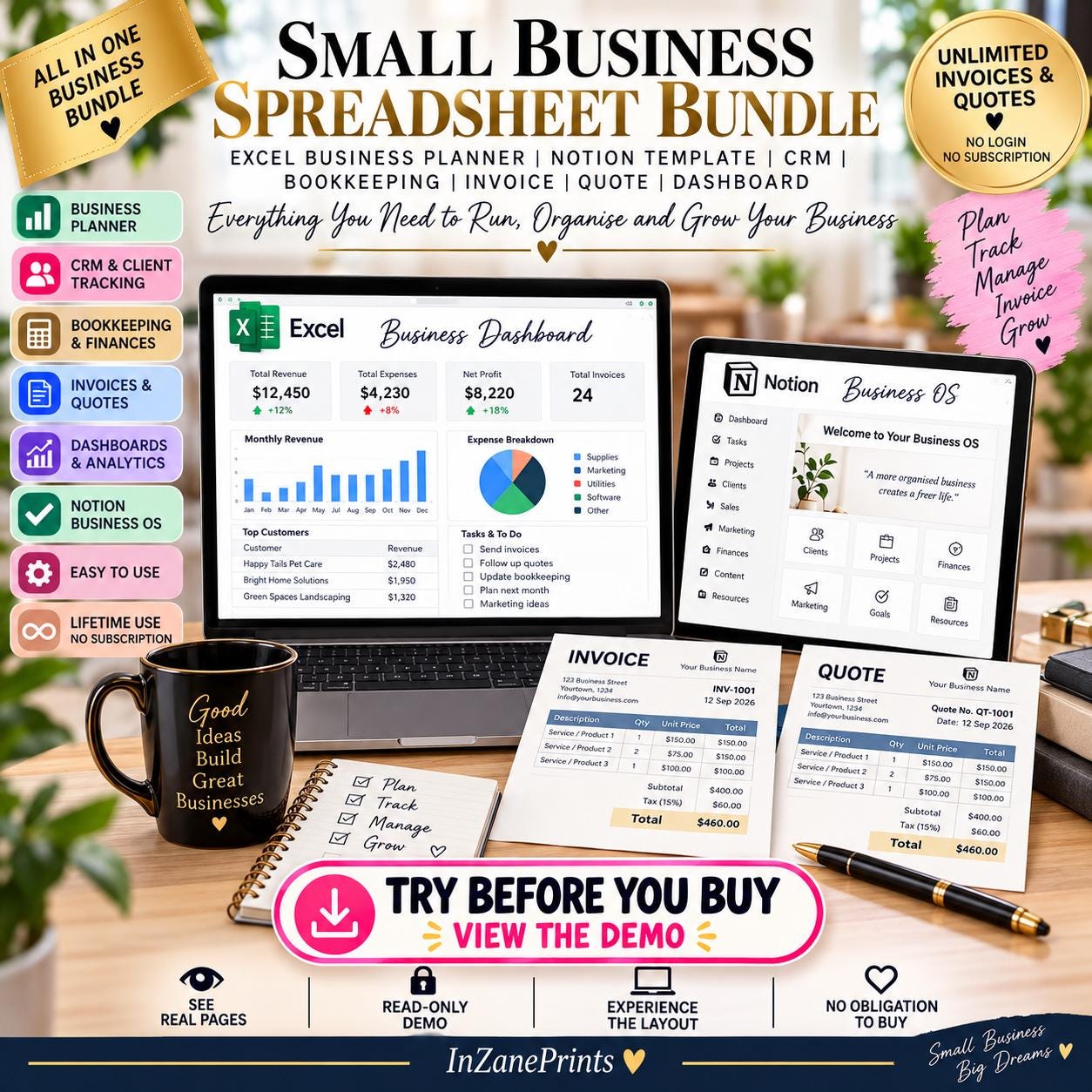 Small Business Command Center Bundle: Excel Planner, Notion OS, CRM, Invoices (Digital Download)