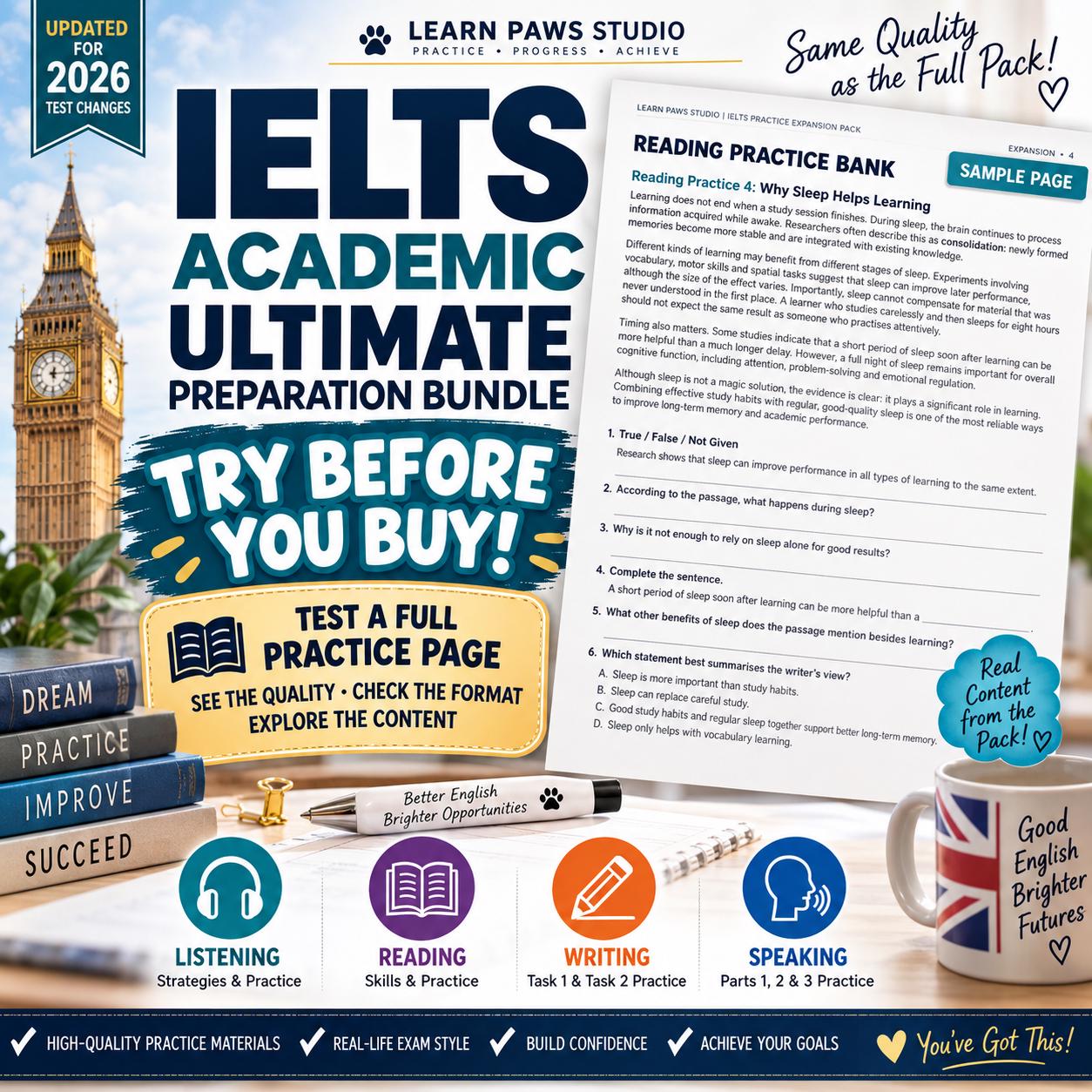 IELTS Exam, IELTS Academic Preparation Workbook: 109-Page Printable Study Guide