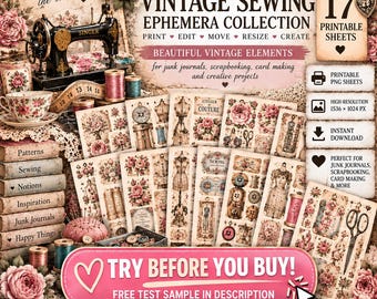 Editable Vintage Sewing Ephemera Kit | 17 Printable Sheets (Digital Download)